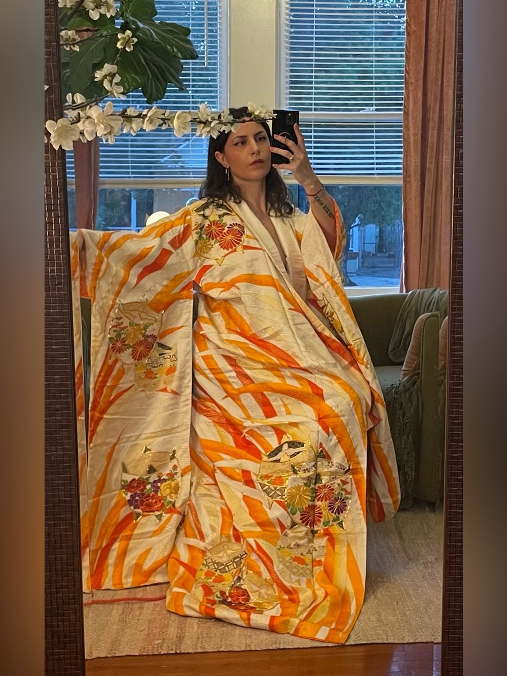 Vintage silk Japanese kimono furisode fire grass orange red dress gown Rinzu